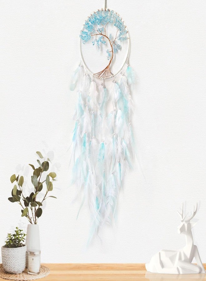 SOYUZU White and Cyan Dream Catcher Wall Decor Crystal Tree of Life Dream Catchers Handmade Feather Dreamcatcher Wall Hanging Ornament for Bedroom Living Room Home Decor - Image 4